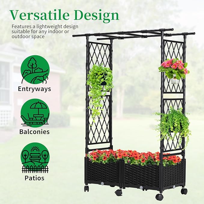 Planter Box with Trellis Outdoor, 53.1in Plastic Raised Garden Bed with Trellis Hanging Roof for Vine Flower, with Lockable Wheels & Drain Plug for Patio Backyard Balcony, Black, 1 Pc