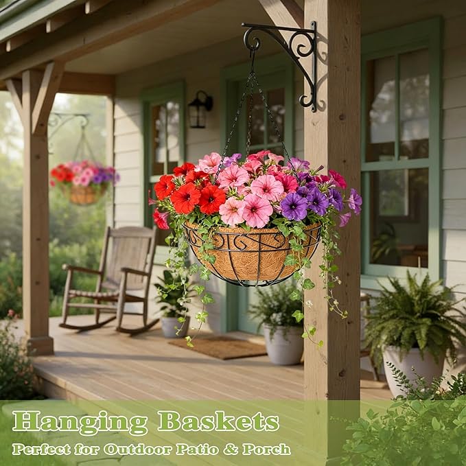 4 Pack 14 Inch Hanging Baskets for Plants Outdoor Metal Hanging Planter Hanging Flower Baskets with Coco Fiber Liners Chain Round Wire Plant Holder Hangings Flower Pots(Plaid)