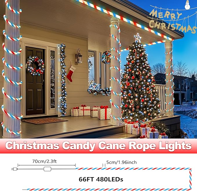 Jnaurb Christmas Candy Cane Lights, 66ft 480 LED Connectable White & Red & Blue Candy Cane Rope Lights for Outside, 8 Modes Waterproof LED Christmas Light for Garden Patio Tree Holiday Party Decor