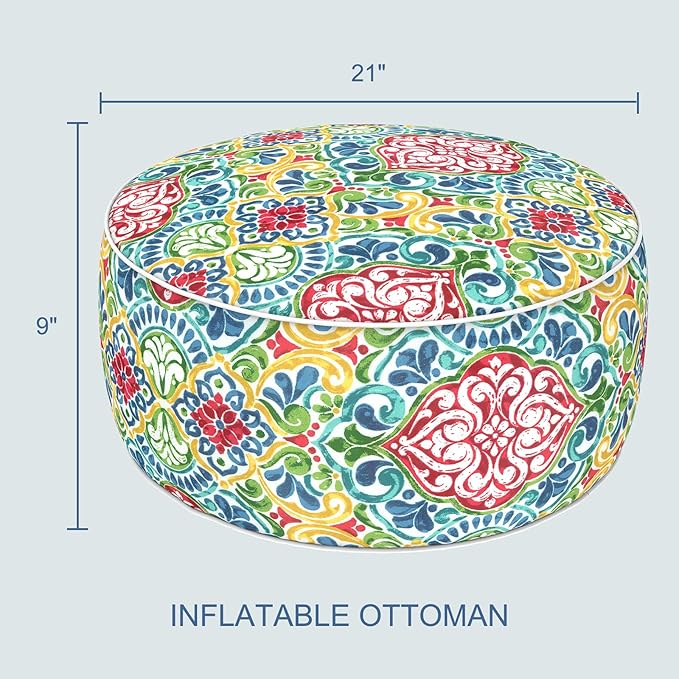 LVTXIII Indoor/Outdoor Inflatable Ottoman with Handle D21 x H9 Inch, Weather-Resistant Round Footstool Pouf for Patio Camping Living Room, Portable Footrest Extra Seating, Damask Red
