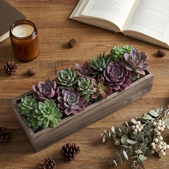 Dandat 1 Set Wood Boxes for Centerpieces 12x4 Inch Rectangle Wooden Planter Box Rustic Wooden Planters with Removable Plastic Liner Floral Foam Blocks for Christmas Wedding Home Garden Decor(Brown)