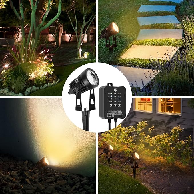 All-in-One Low Voltage Landscape Lighting, Dusk to Dawn Transformer Timer, Waterproof Spotlights, Dimmable LED Outdoor Landscaping Lights Kit for Yard Backyard Tree House 24V (6 pack warm white)
