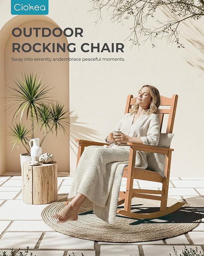 Ciokea Oversized Outdoor Rocking Chairs Set of 4, 380lbs Heavy-Duty Large Patio Rocker, High Back Cozy Porch Chairs, Weather Resistant Patio Rocking Chairs for Outside, Fire Pit, Deck, Teak
