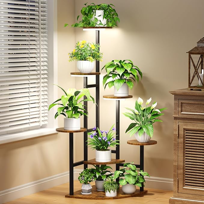 Corner Plant Stand with Grow Lights, 7 Tiered Plant Shelf Indoor, 43" Corner Plant Stands for Indoor Plants, Metal Plant Flower Display Shelves, Plant Organizer Rack for Living Room, Balcony, Home Decor（Round)