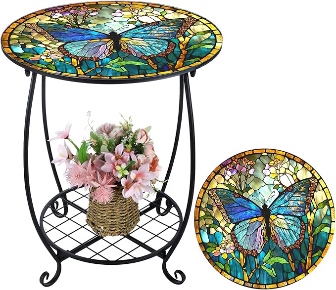 Outdoor Side Table Round Small Mosaic Patio Accent Indoor End Plant Coffee Tea Table for Yard Patio Porch Garden Living Room, Bedroom(Butterfly Style,16 Inch)