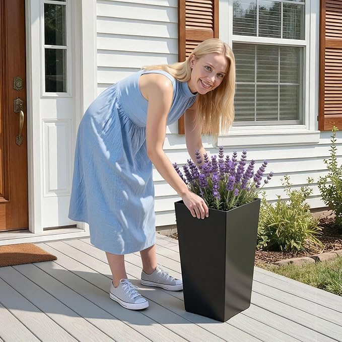 VEVOR Set of 2 Tall Planters for Outdoor Plants 22 inch, Black Tall Planter for Indoor Plants, Modern Planters for Front Porch Patio Balcony, Plant Container Flower Pots with Built-in Drainage