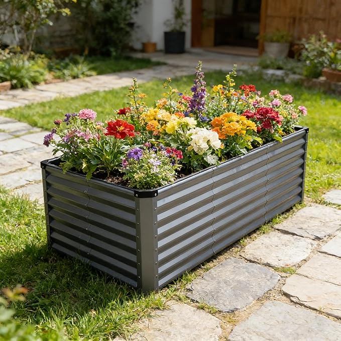 GARDMAX 8x4x2FT Galvanized Raised Garden Bed Kit, Metal Planter Boxes Outdoor with Easy Assembly, Large Garden Bed for Vegetables, Fruits, Flower, Herbs Rectangle Silver