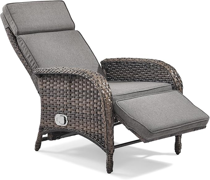 Zero Gravity Wicker Patio Recliner Chair - Wicker Outdoor Lounge Chair with Adjustable Backrest & Footrest, All Weather Outdoor Reclining Chairs with Thick Cushion for Pool Deck Gray