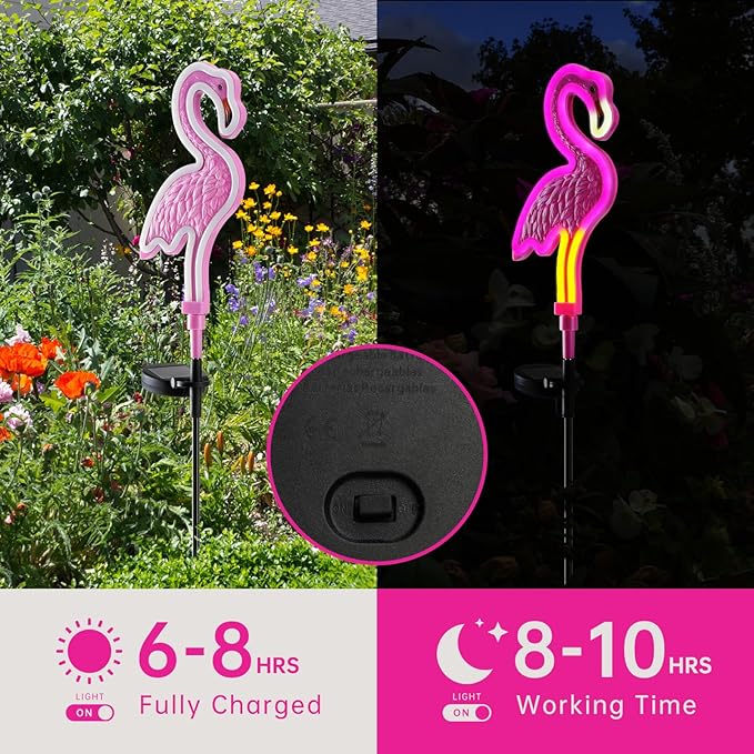 Flamingo Solar Lights Outdoor Decor, Solar Pink Flamingos Outdoor for Yard Decorations,Pink Neon Solar Flamingo Garden Lights for Outside,Pathways,Patio or Lawn Decor(2Pack)