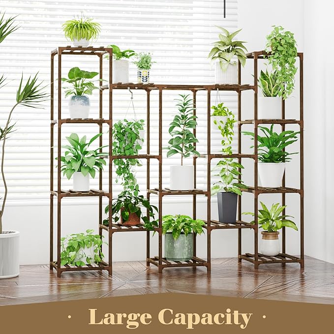 Bamworld Large Hanging Plant Stand Indoor Tall Plant Shelf Outdoor 14 Pots Large Plant Rack for Living Room Patio, Balcony and Garden