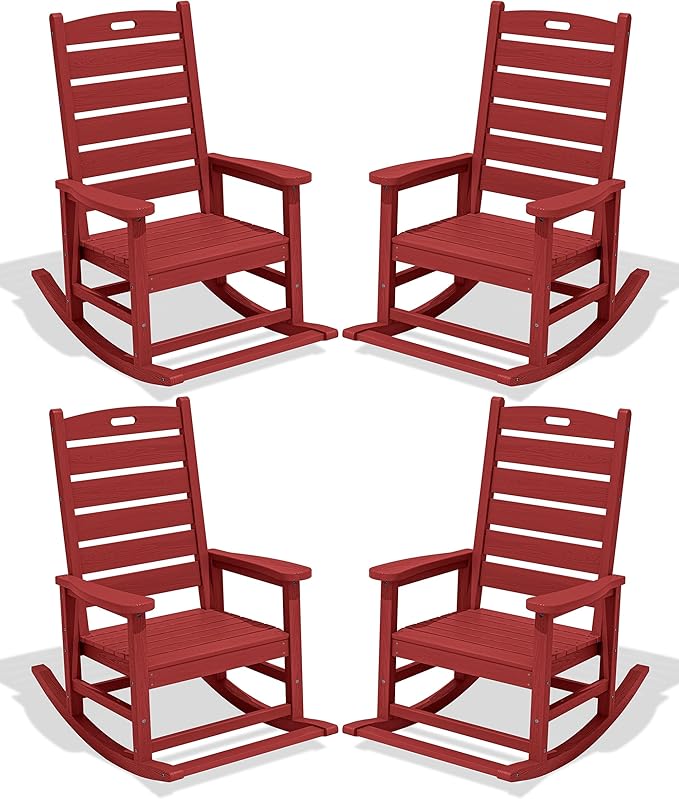 SERWALL Outdoor Rocking Chair Set of 4, Oversized HDPE Patio Rocking Chair with Footrest for Adults, All Weather Porch Rocker for Deck Patio Balcony, Red