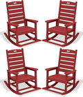 SERWALL Outdoor Rocking Chair Set of 4, Oversized HDPE Patio Rocking Chair with Footrest for Adults, All Weather Porch Rocker for Deck Patio Balcony, Red