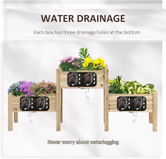 Outsunny Raised Garden Bed with 3 Planter Box, Elevated Wooden Plant Stand with Drainage Holes, for Vegetables, Herb and Flowers, Natural