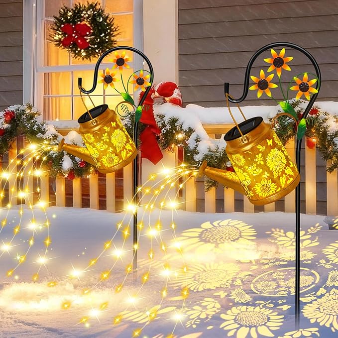 Sunflower Solar Watering Can Lights, Outdoor Waterproof Garden Lanterns with Shepherd Hook, Solar Garden Decor for Yard Outdoor Landscape Pathway, Gift for Women Mom Grandma, 2 Pack