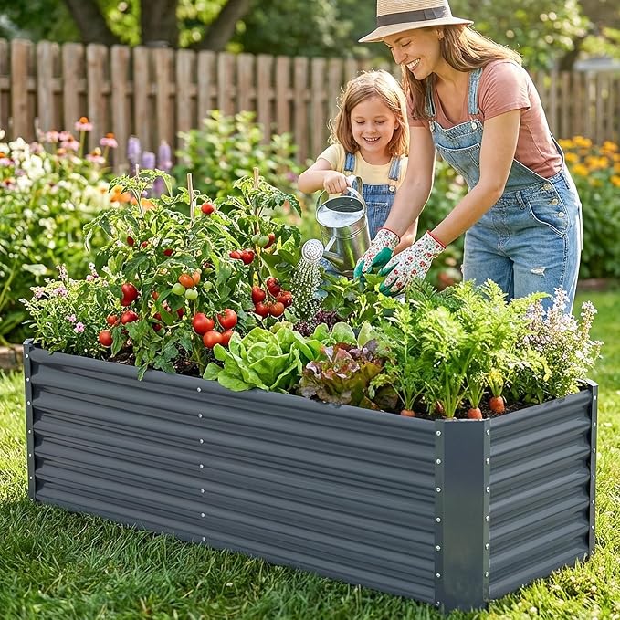 6x2x2ft Raised Garden Bed - Galvanized Deep Root Planter Boxes Outdoor with Wing Nuts and Safety Edges for Gardening Vegetables, Flowers, Herbs, Succulents - Gray
