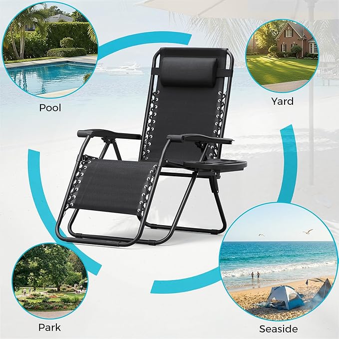 Homall Zero Gravity Chair Patio Folding Lawn Outdoor Lounge Gravity Camp Reclining Lounge Chair with Cup Holder Pillows for Poolside Backyard and Beach Set of 4 (Black)