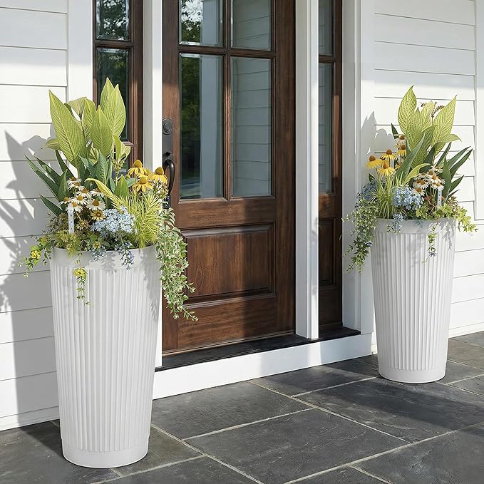24in Tall Self-Watering Planters Set of 2 - White Flower Pots with Water Level Monitor, Non-Toxic Plastic Planters for Indoor Outdoor Patio, Porch, Living Room, Home Office