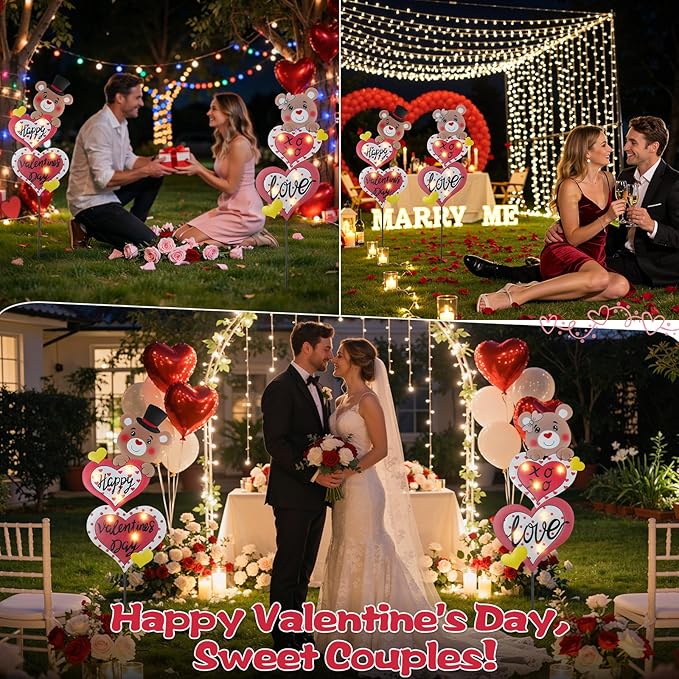 Lewondr 2 Pcs Valentine's Day Decorations Outdoor, Metal Solar Pathway Lights, Love Bear Decorative Garden Stakes Lights with 12 LED Beads, Waterproof Yard Signs for Porch Lawn Wedding Anniversary