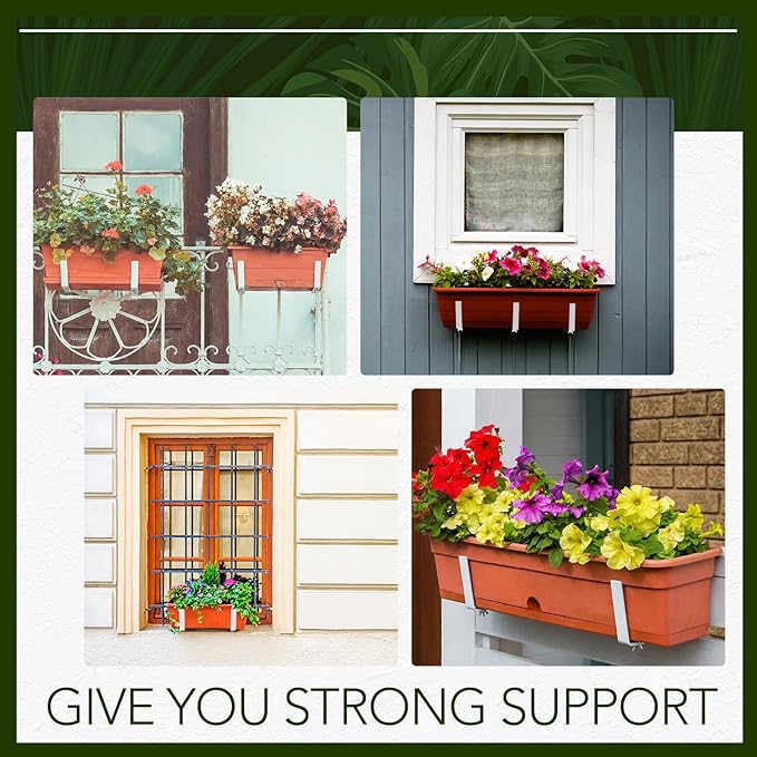 Layhit 10 Pcs Adjustable Planter Box Brackets Universal Heavy Duty Flower Box Brackets Window Iron Railing Planter Holder for Balcony Fence Pergola Patio Garden Windowsill, 6-12.5 Inch(White)