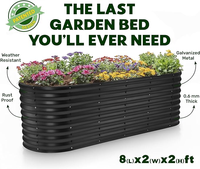 Plant & Plot Galvanized Raised Garden Beds Outdoor // 8×2×2 ft Planter Raised Beds for Gardening, Vegetables, Flowers // Large Metal Garden Box (Black) // Patented Tool-Free Design