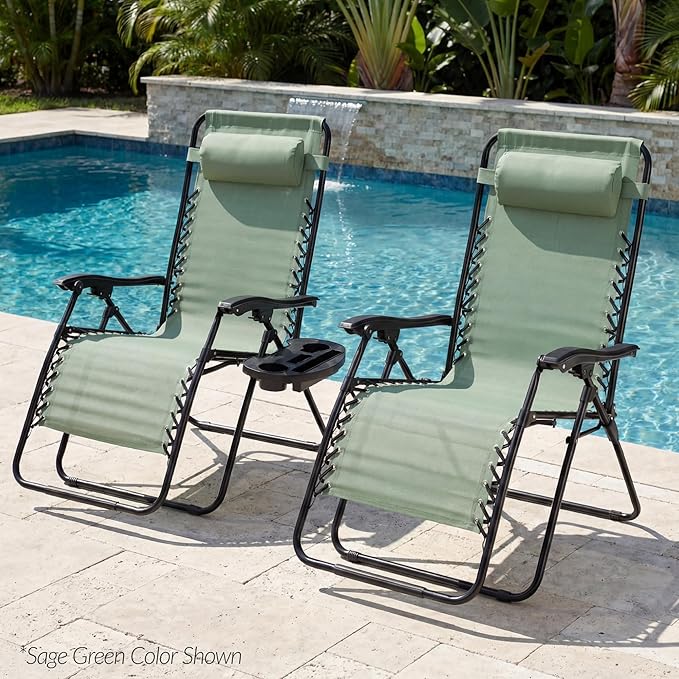 Best Choice Products Set of 2 Extra Wide Adjustable Steel Mesh Zero Gravity Lounge Chair Recliners w/Pillows and Cup Holder Trays - Sage Green Stripes
