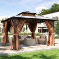 Aoxun 12'x12' Hardtop Gazebo, Aluminum Frame Permanent Pavilion with Curtains and Netting, Outdoor Polycarbonate Double Roof Canopy, Designed for Garden, Lawns, Patio, Brown