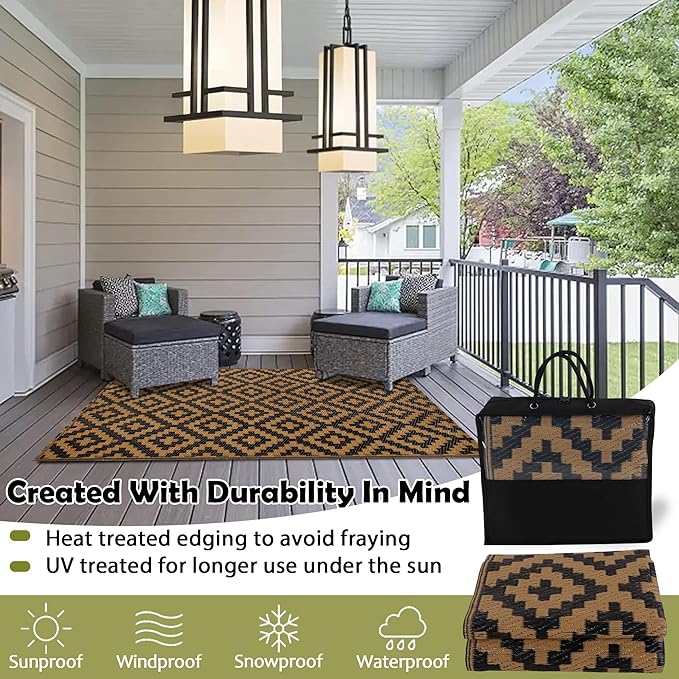 SAND MINE Reversible Mats, Plastic Straw Rug, Modern Area Rug, Large Floor Mat and Rug for Outdoors, RV, Patio, Backyard, Deck, Picnic, Beach, Trailer, Camping, Black & Brown, 3' x 5'
