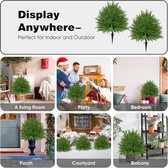 2 Set of 23.6" Artificial Norfolk Tree for Outdoor Front Porch Decor, Boxwood Ball Fake Shrubs UV Resistant Faux Plants for Indoor Outdoor
