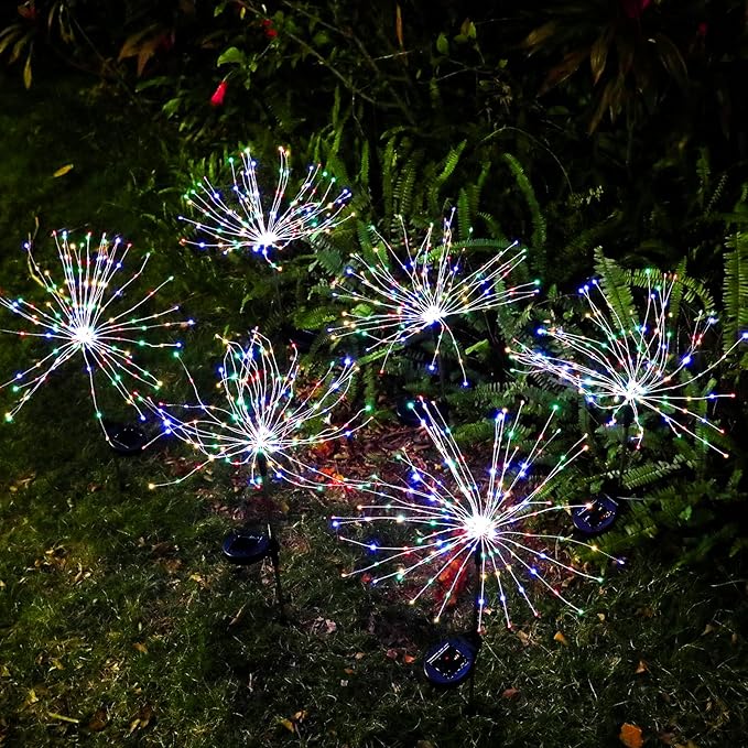 FOOING 6 Pcs Solar Garden Lights Solar Firework Lights, 200 LED String Light 2 Modes Twinkling Nightlight for Outside, Wedding, Party, Patio for Home Decor (Colorful)