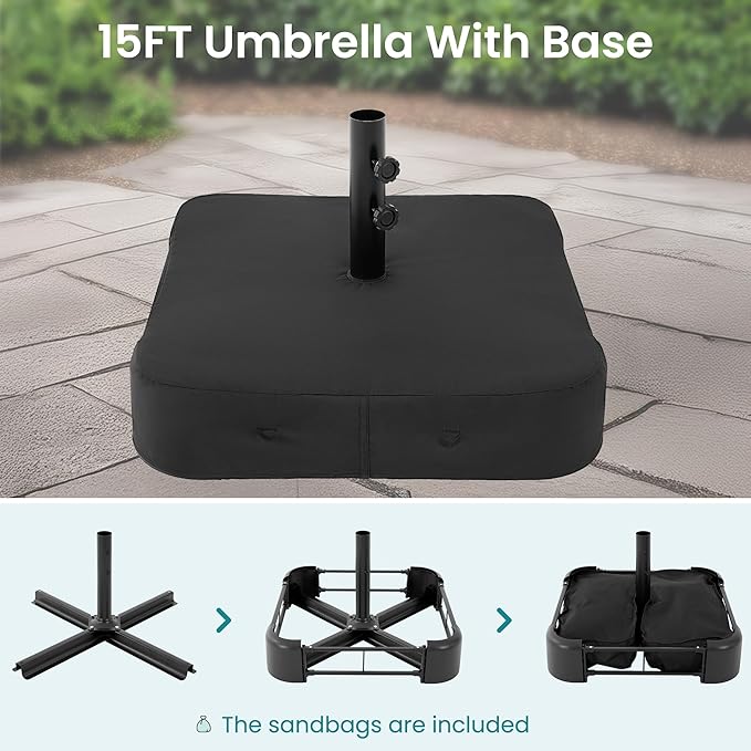DUMOS 15FT Large Patio Umbrella with Base Included, Rectangle Table Umbrella Outdoor Patio, Outside Umbrellas for Deck, Market, Backyard, Wine Red