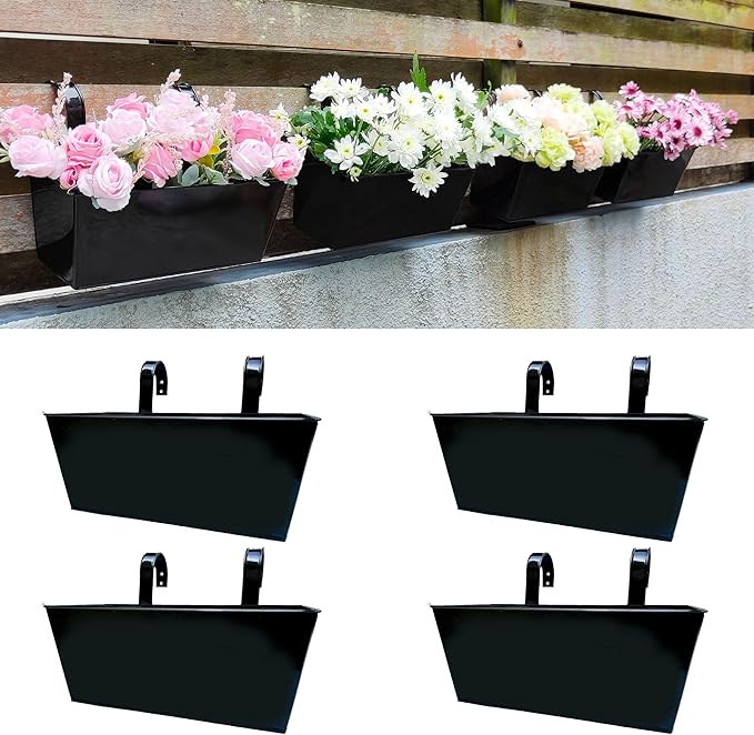 LaLaGreen Rail Planter Box (4 Pack, 16 Inch) Large Black Metal Hanging Flower Pots, Rectangle Outdoor Strawberry Plant Holder Window Balcony Deck Railing Fence Minimalist Farmhouse Countryside Style