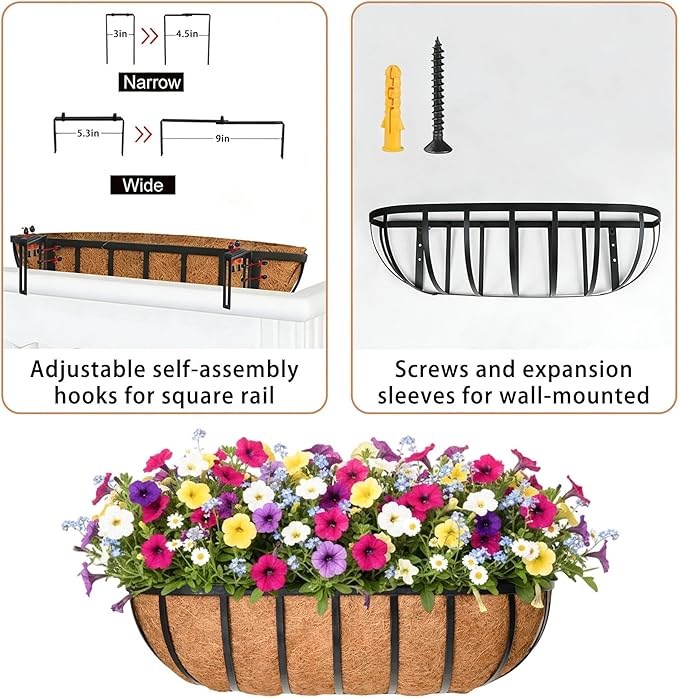 16'' Window Box Railing Planter with Coco Liner,4 Pack Horse Trough Planters Black Metal Hanging Flower Planters Basket for Porch Fence Patio Indoor Outdoor Lawn