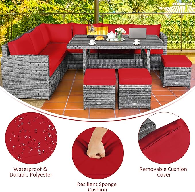 Tangkula 7 Pieces Patio Furniture Set, Outdoor Sectional Rattan Sofa Set with Cushions, All Weather Wicker Conversation Couch Set w/Dining Table & Ottomans for Backyard Garden Poolside