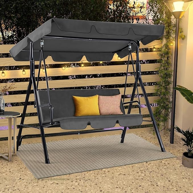 AECOJOY 3-Seat Outdoor Clearance Porch Swings for Adults, Outdoor Patio Swing with Adjustable Canopy & Removable Cushion for Backyard, Garden, Balcony, Grey