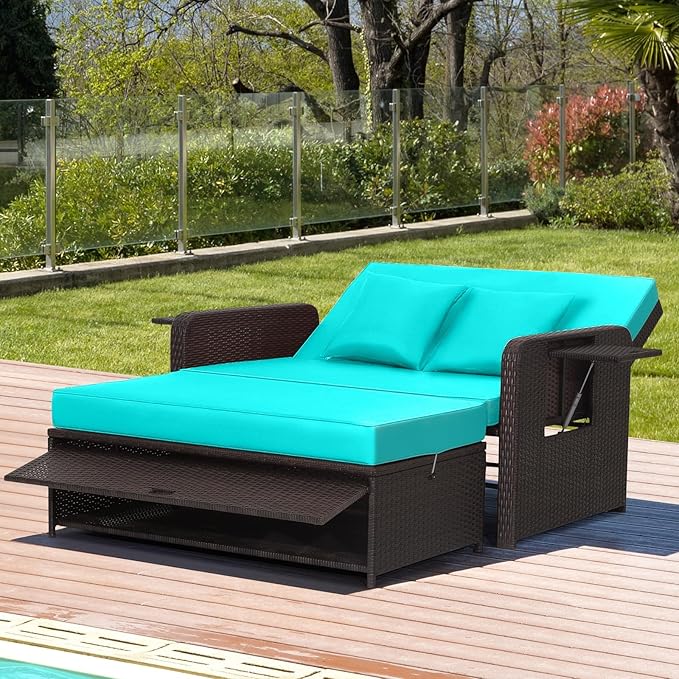 Nightcore Wicker Patio Outdoor Daybed, Outdoor Chaise Lounger w/ 4-Level Adjustable Backrest, Retractable Side Trays, Storage Ottoman, Comfortable & Removable Cushions, Rattan Loveseat (Turquoise)