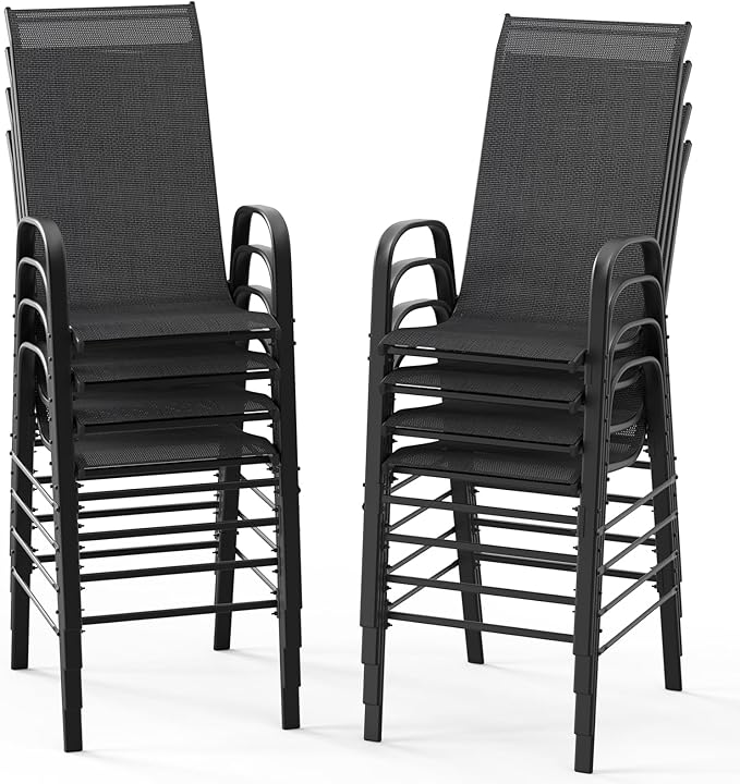 VINGLI Outdoor Bar Chairs Set of 8 – Stackable Outdoor Bar Stools with Sturdy Sling High Back and Armrests for Lawn, Courtyard, Garden, Bar, Black