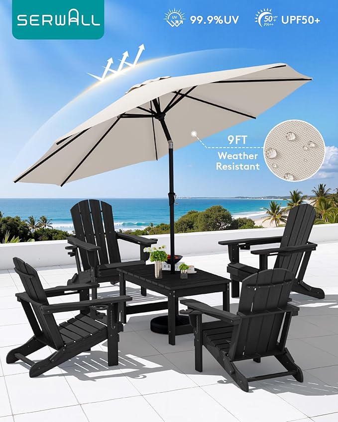 SERWALL Outdoor Coffee Table with 9FT Umbrella, HDPE Patio Coffee Table for Outside, Rectangle, Black(Not Include Umbrella Base)