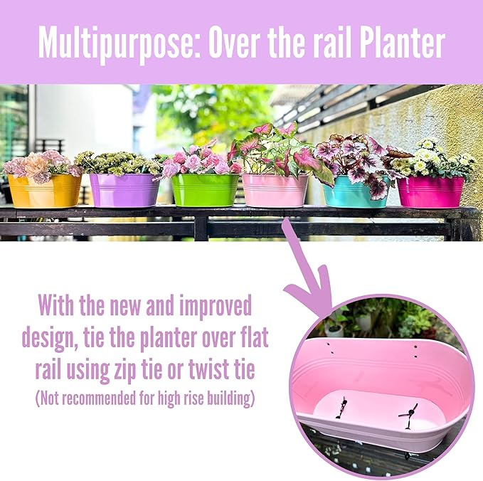 LaLaGreen Rail Planter Outdoor Plants (6 Pack, 11.8 Inch) Colorful Metal Iron Strawberry Hanging Flower Pots Deck Railing Fence Buckets Modern Wall Mount Window Box Plant Holder Hooks Porch Home Decor