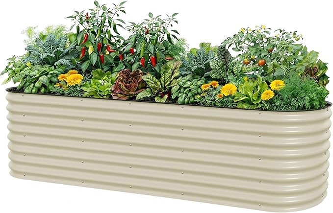 Vego garden 26" Extra Tall Raised Garden Bed Kits, 10 in 1 Modular Raised Planter Box for Vegetables Flowers Fruits Oval Metal Raised Garden Pearl White