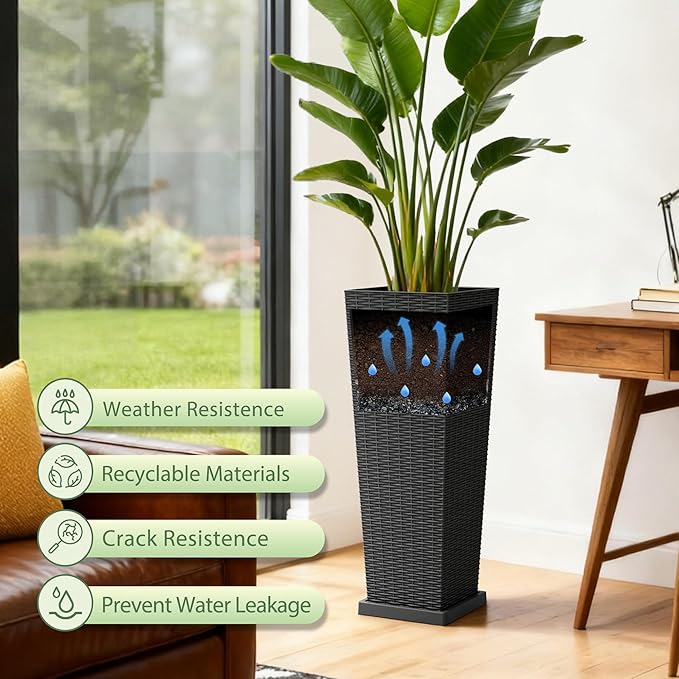 Set of 2 32 Inch Tall Plastic Planters with Drainage Saucers, Rattan Pattern UV Resistant Indoor Outdoor Flower Pots for Patio Garden Balcony Decor, Black