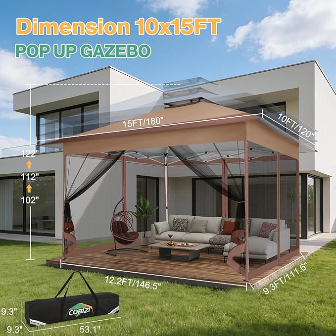 C0BIZI Gazebo 10x15 Pop up Canopy,Gazebos on Clearance-Canopy Tent with Mosquito Netting for Lawn,Garden,Backyard & Patio-Outdoor Tent-Water Resistant and UPF50+ (Brown)