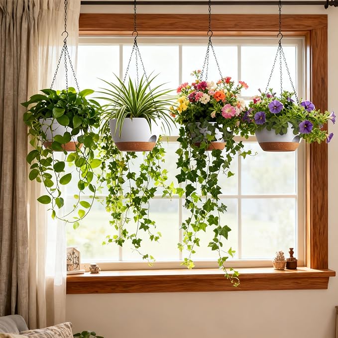 4 Pack 8 Inch Self Watering Hanging Planters for Indoor Outdoor Plants，Hanging Pots for Plants with Drainage Removable Tray, Hanging Baskets Flower Pots for Pothos Garden Porch White with Brown