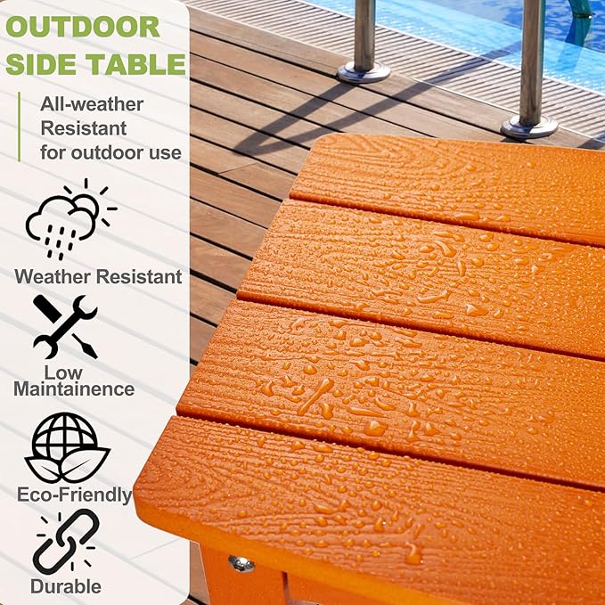 Y&M Outdoor Side Table, HIPS Adirondack Small Single Table, Waterproof Square Outside Table, Balcony Modern End Tables for Patio, Pool, Beach, Porch, Deck, Indoor or Outdoor Use, Orange