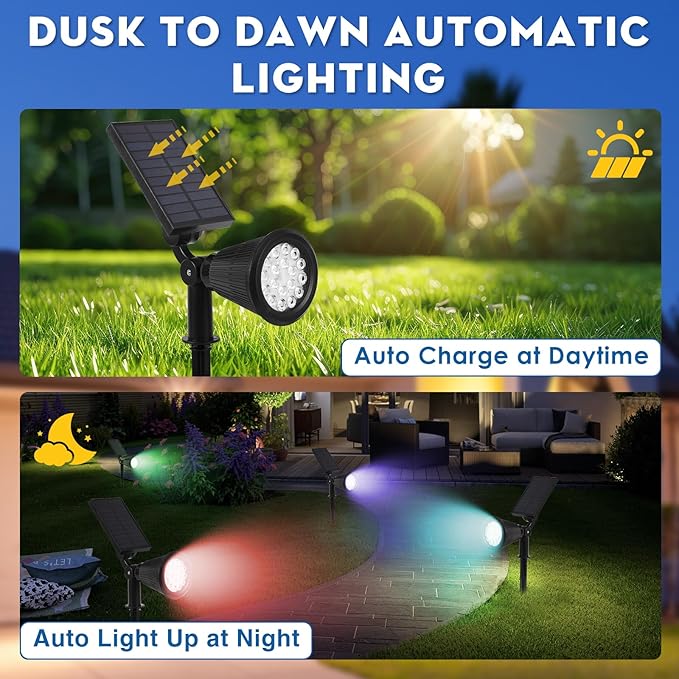 Solar Spot Lights Outdoor, 2-in-1 Wall Mount & Ground Stake 18 LEDs with 2 Lighting Modes, 7 Colors Changing, IP65 Waterproof Solar Landscape Lights for Garden, Pathway, Yard, Patio (2 Pack)