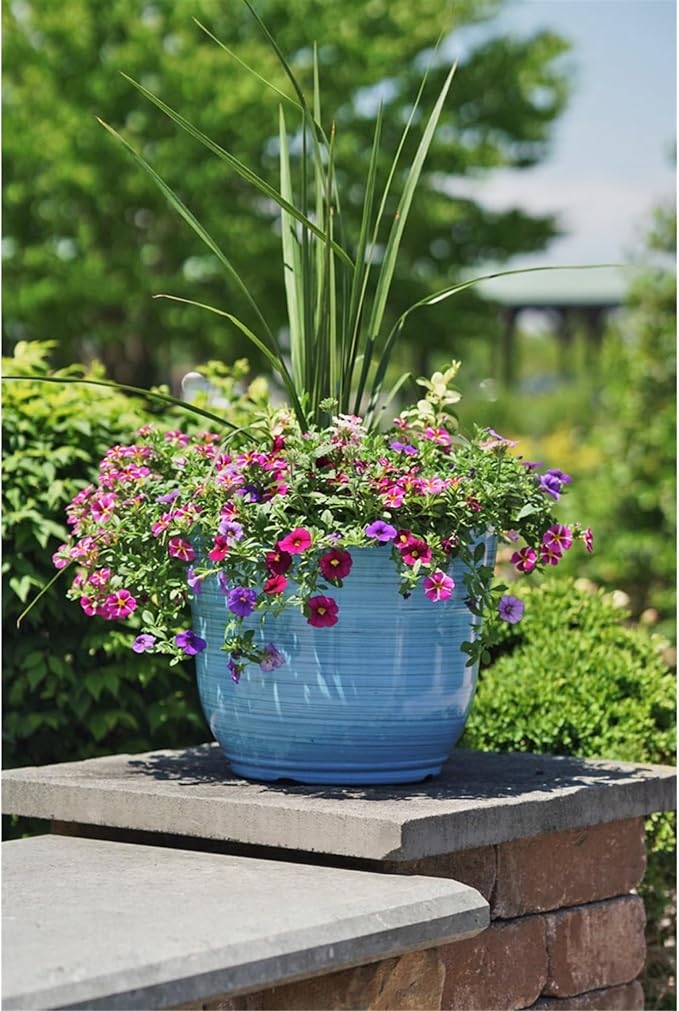 Garden Elements Indoor/Outdoor Glazed Brushed Happy Plastic Planter, Large, Bright Blue, 15"