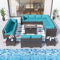 ALAULM Patio Furniture Set with Fire Pit Table 55000 BTU, Outdoor Sectional with Wide Seat and Thick Cushion, 15 Piece Wicker Rattan Conversation Set with Coffee Table for Garden, Deck, Turquoise