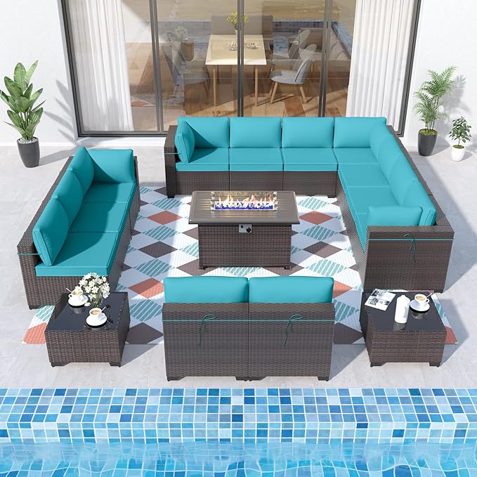 ALAULM Patio Furniture Set with Fire Pit Table 55000 BTU, Outdoor Sectional with Wide Seat and Thick Cushion, 15 Piece Wicker Rattan Conversation Set with Coffee Table for Garden, Deck, Turquoise