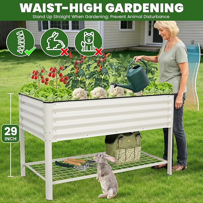 Elevated Raised Garden Bed 2' x 4'- Galvanized Metal Planter Boxes with Legs & Storage Rack, Outdoor Planters for Backyard/Patio/Balcony, with Drainage Holes for Vegetables, Flowers, Herbs, White