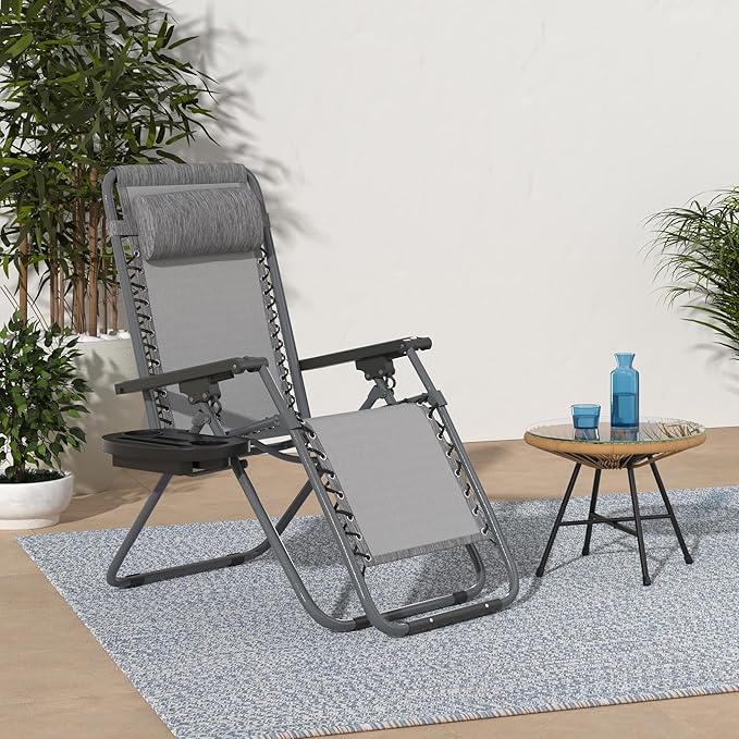 FDW Set of 2 Lawn Outdoor Deck Camping Folding Patio Beach Anti Recliner Pool Chair with Pillow and Cup Holder, Grey