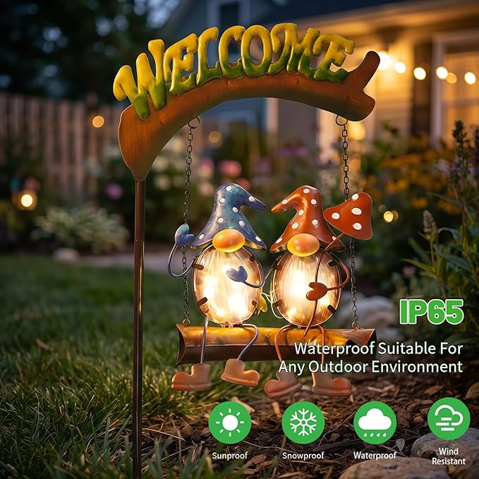 HONGLAND Gnomes Garden Decor Solar Lights, 48 Inch Welcome Sign Swing Yard Decorations Outdoor Decorative Stake for Lawn Porch Backyard Patio, Gnome Gardening Gifts for Women Mom